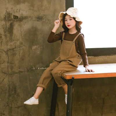 New girls 2019 autumn new Korean long-sleeved T-shirt bib fashion set two-piece