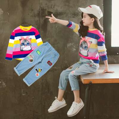 wholesale 2019 girl autumn new casual sports fashion striped kitten print shirt Korean jeans suit