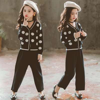 2019 new British wind children's suit girls autumn polka dot cardigan casual wide leg pants two-piece