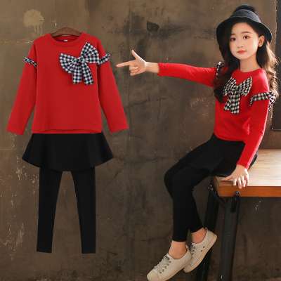 Girls 2019 autumn new children bow set long-sleeved sweatshirt Korean skirt pants two-piece