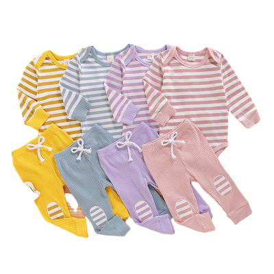 Baby fall suit 2020 amazon hot style striped romper striped cotton patch trousers two pieces clothing set