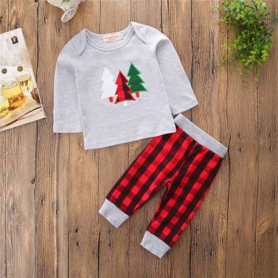 2019 European and American explosion children's clothing boy Christmas tree long-sleeved shirt red plaid pants suit