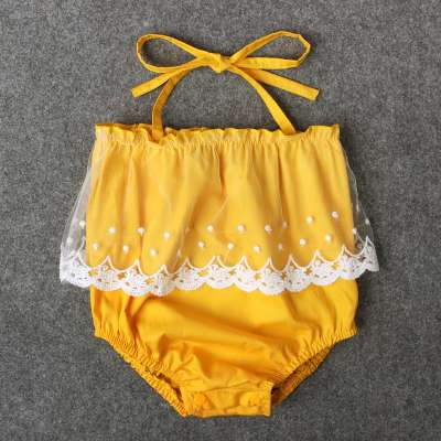 amazon hot sale baby girl lace floral romper of suspender romper yellow color cute