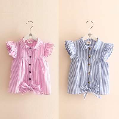 2018 summer shirt Korean version new striped flying sleeves girls baby children's short-sleeved shirt