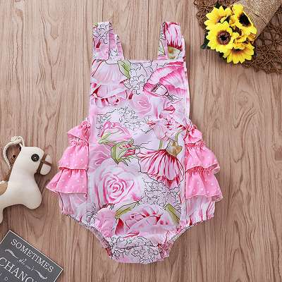 Newborn Baby Girl pink flower toddler summer Floral Clothes Sleeveless Backless Ruffled skirt Romper Bodysuit Outfits romper