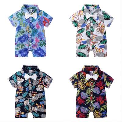 2020 amazon hot sale summer holiday wholesale flowered gentleman boy short sleeve infant clothing newborns printed baby rompers