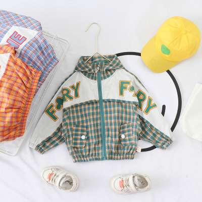 2020 Japan and South Korea Spring Fashion Children's Coat Hooded Zip Letter Printing Plaid Sports Casual Coat