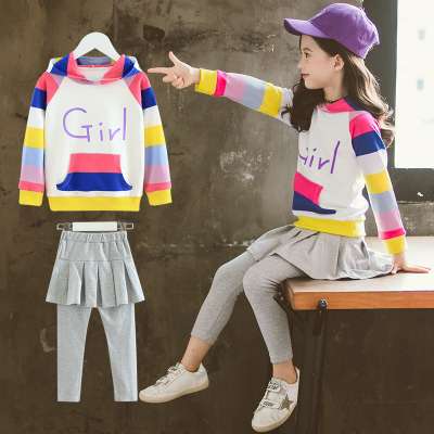 Girls white Color bar set 2019 autumn new big children Korean fashionable sweater + skirt pants two-piece